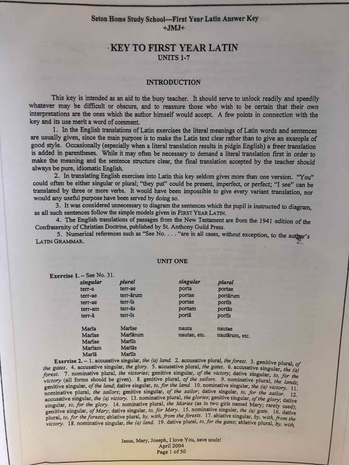 Henle First Year Latin- Seton Press Answer Key